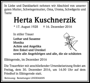 Traueranzeige von Herta Kuschnerzik  von Magdeburger Volksstimme