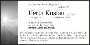 Traueranzeige von Herta Kusian (geb. Abel)  von Magdeburger Volksstimme