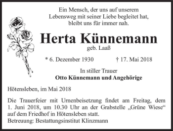 Traueranzeige von Herta Künnemann (geb. Laaß)  von Magdeburger Volksstimme