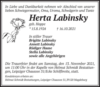 Traueranzeige von Herta Labinsky (geb. Hoppe)  von Magdeburger Volksstimme