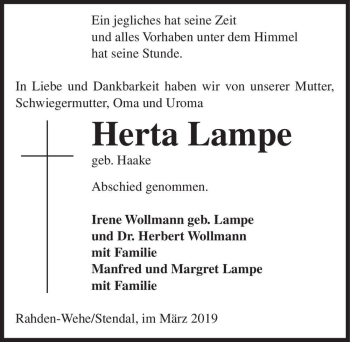 Traueranzeige von Herta Lampe (geb. Haake)  von Magdeburger Volksstimme