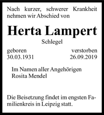 Traueranzeige von Herta Lampert  von Magdeburger Volksstimme