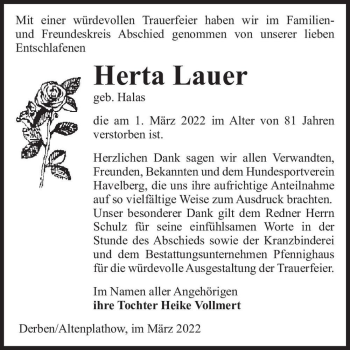 Traueranzeige von Herta Lauer (geb. Halas)  von Magdeburger Volksstimme