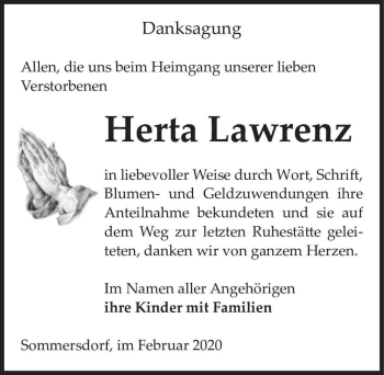 Traueranzeige von Herta Lawrenz  von Magdeburger Volksstimme