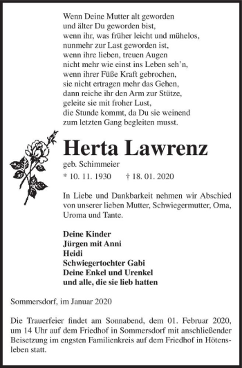 Traueranzeige von Herta Lawrenz (geb. Schimmeier)  von Magdeburger Volksstimme