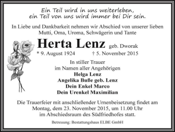 Traueranzeige von Herta Lenz (geb. Dworak)  von Magdeburger Volksstimme