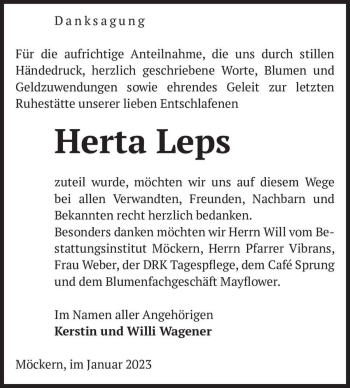 Traueranzeige von Herta Leps  von Magdeburger Volksstimme