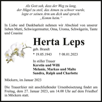 Traueranzeige von Herta Leps (geb. Brandt)  von Magdeburger Volksstimme