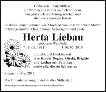 Traueranzeige von Herta Liebau (geb. Weißleder)  von Magdeburger Volksstimme
