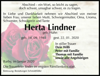Traueranzeige von Herta Lindner (geb. Hahn)  von Magdeburger Volksstimme