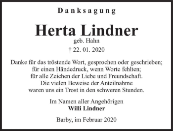 Traueranzeige von Herta Lindner (geb. Hahn)  von Magdeburger Volksstimme