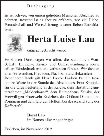 Traueranzeige von Herta Luise Lau  von Magdeburger Volksstimme
