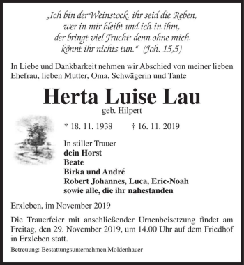 Traueranzeige von Herta Luise Lau (geb. Hilpert)  von Magdeburger Volksstimme