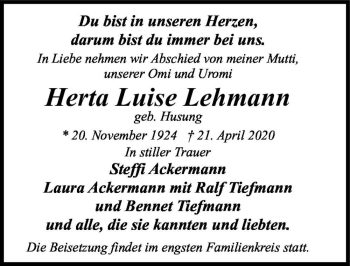 Traueranzeige von Herta Luise Lehmann (geb. Husung)  von Magdeburger Volksstimme