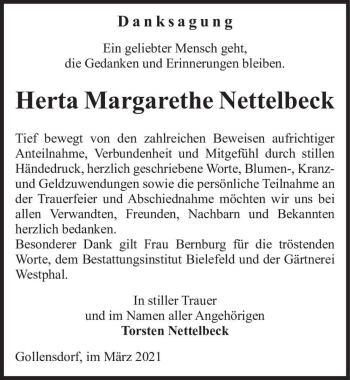 Traueranzeige von Herta Margarethe Nettelbeck  von Magdeburger Volksstimme