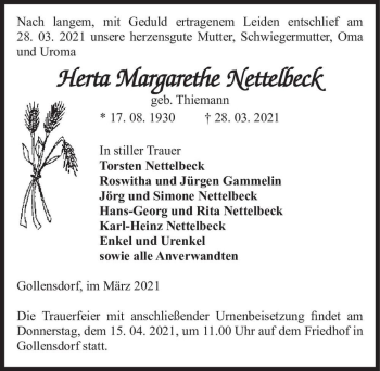 Traueranzeige von Herta Margarethe Nettelbeck (geb. Thiemann)  von Magdeburger Volksstimme