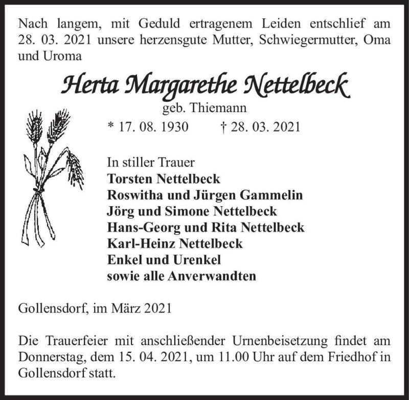  Traueranzeige für Herta Margarethe Nettelbeck (geb. Thiemann)  vom 10.04.2021 aus Magdeburger Volksstimme