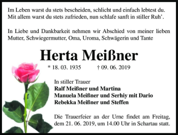 Traueranzeige von Herta Meißner  von Magdeburger Volksstimme