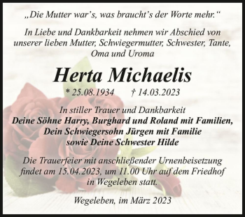 Traueranzeige von Herta Michaelis  von Magdeburger Volksstimme