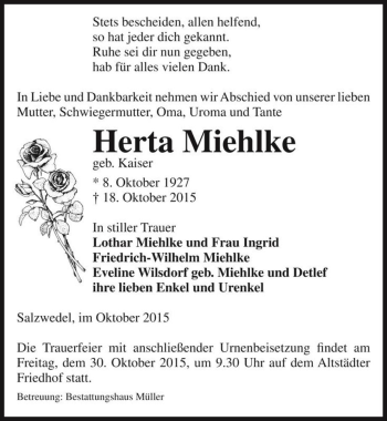 Traueranzeige von Herta Miehlke (geb. Kaiser)  von Magdeburger Volksstimme