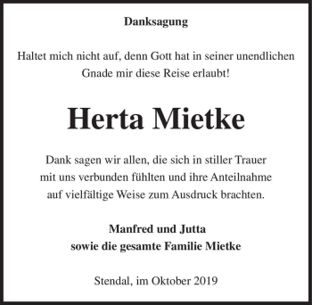 Traueranzeige von Herta Mietke  von Magdeburger Volksstimme