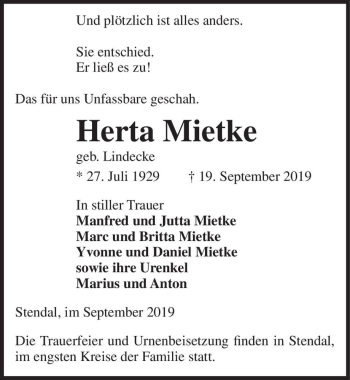 Traueranzeige von Herta Mietke (geb. Lindecke)  von Magdeburger Volksstimme