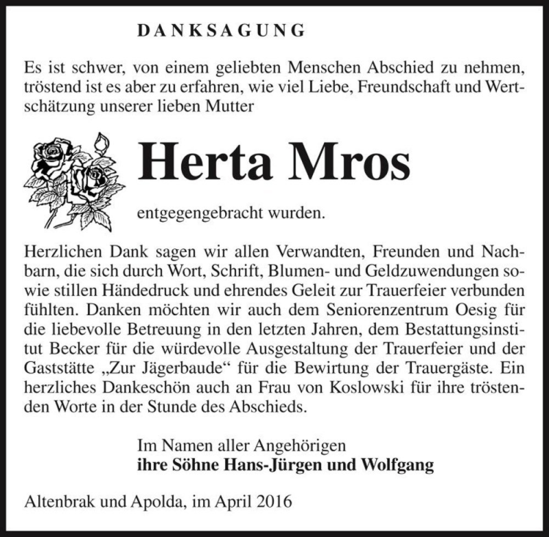  Traueranzeige für Herta Mros  vom 09.04.2016 aus Magdeburger Volksstimme