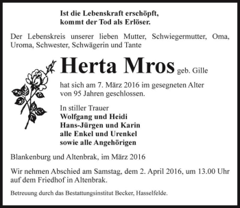 Traueranzeige von Herta Mros (geb. Gille)  von Magdeburger Volksstimme