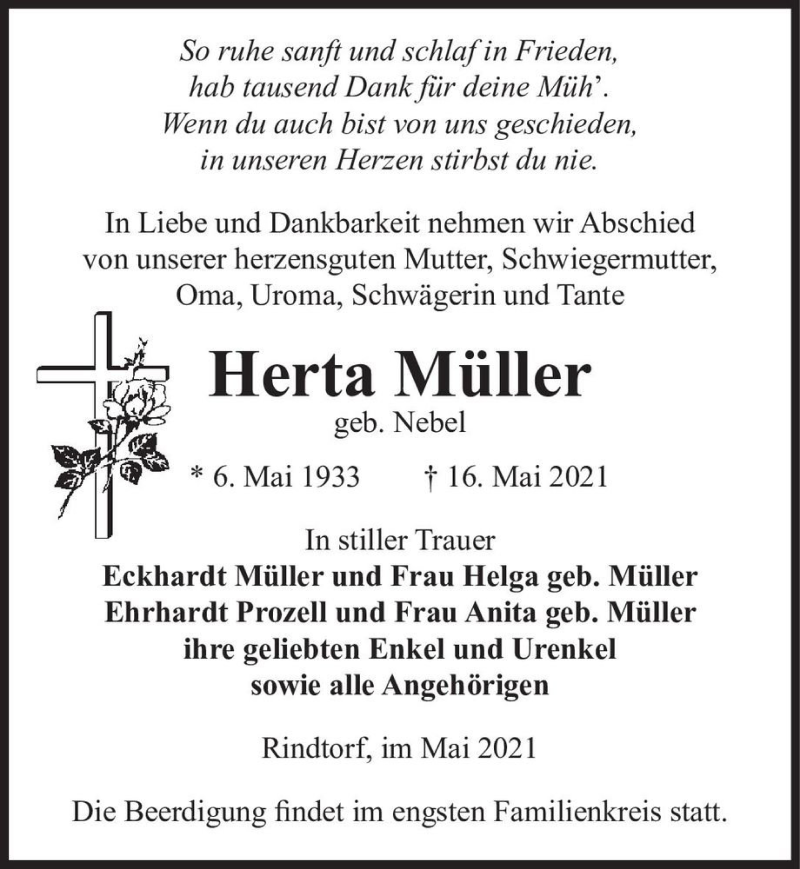  Traueranzeige für Herta Müller (geb. Nebel)  vom 19.05.2021 aus Magdeburger Volksstimme