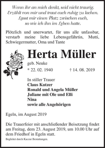 Traueranzeige von Herta Müller (geb. Neuke)  von Magdeburger Volksstimme