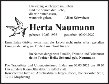 Traueranzeige von Herta Naumann  von Magdeburger Volksstimme