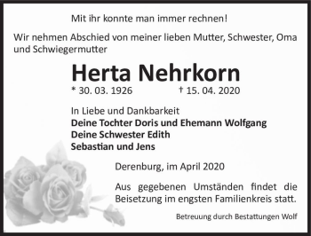 Traueranzeige von Herta Nehrkorn  von Magdeburger Volksstimme