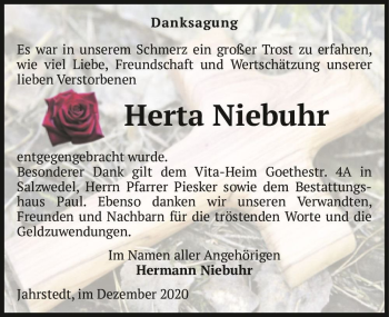 Traueranzeige von Herta Niebuhr  von Magdeburger Volksstimme