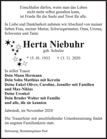 Traueranzeige von Herta Niebuhr (geb. Schulze)  von Magdeburger Volksstimme