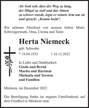 Traueranzeige von Herta Niemeck (geb. Schwabe)  von Magdeburger Volksstimme