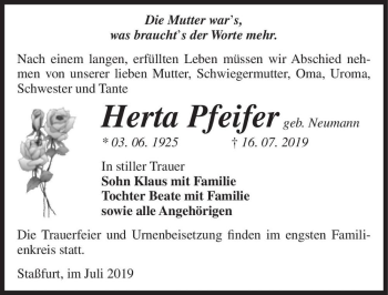 Traueranzeige von Herta Pfeifer (geb. Neumann)  von Magdeburger Volksstimme