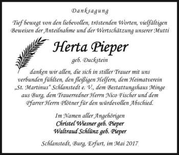 Traueranzeige von Herta Pieper (geb. Duckstein)  von Magdeburger Volksstimme