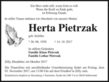 Traueranzeige von Herta Pietrzak (geb. Schiller)  von Magdeburger Volksstimme