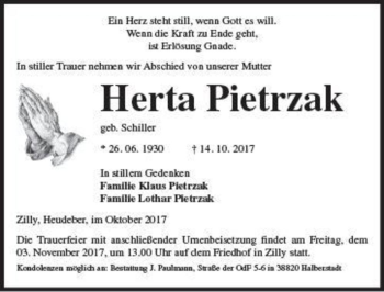 Traueranzeige von Herta Pietrzak (geb. Schiller)  von Magdeburger Volksstimme
