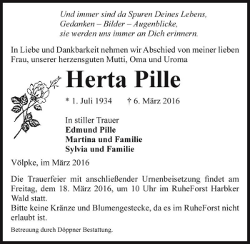 Traueranzeige von Herta Pille  von Magdeburger Volksstimme