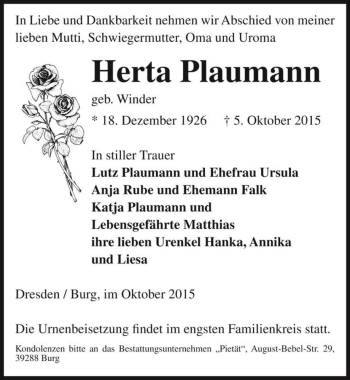 Traueranzeige von Herta Plaumann (geb. Winder)  von Magdeburger Volksstimme