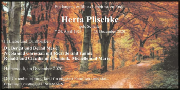 Traueranzeige von Herta Plischke (geb. Scheffel)  von Magdeburger Volksstimme