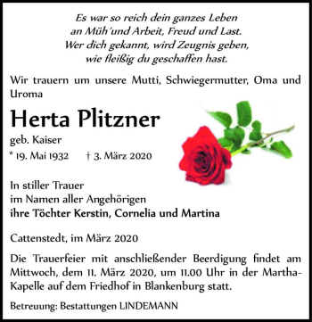 Traueranzeige von Herta Plitzner (geb. Kaiser)  von Magdeburger Volksstimme