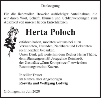 Traueranzeige von Herta Poloch  von Magdeburger Volksstimme