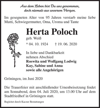Traueranzeige von Herta Poloch (geb. Weiß)  von Magdeburger Volksstimme