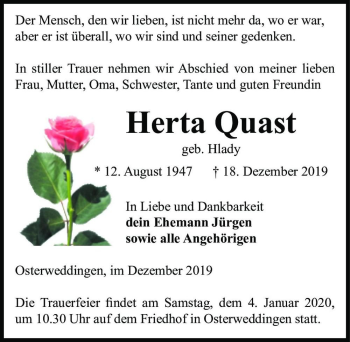 Traueranzeige von Herta Quast (geb. Hlady)  von Magdeburger Volksstimme