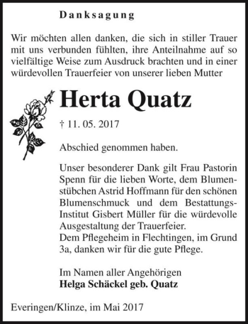 Traueranzeige von Herta Quatz  von Magdeburger Volksstimme