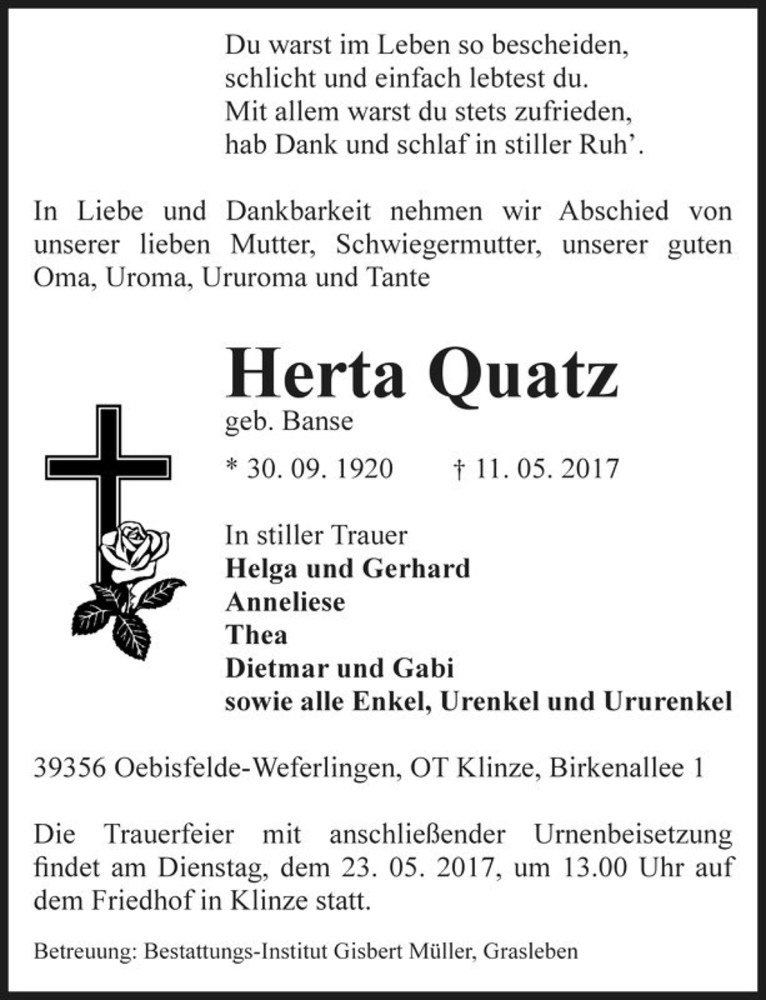  Traueranzeige für Herta Quatz (geb. Banse)  vom 16.05.2017 aus Magdeburger Volksstimme