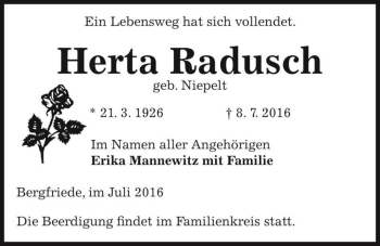 Traueranzeige von Herta Radusch (geb. Niepelt)  von Magdeburger Volksstimme