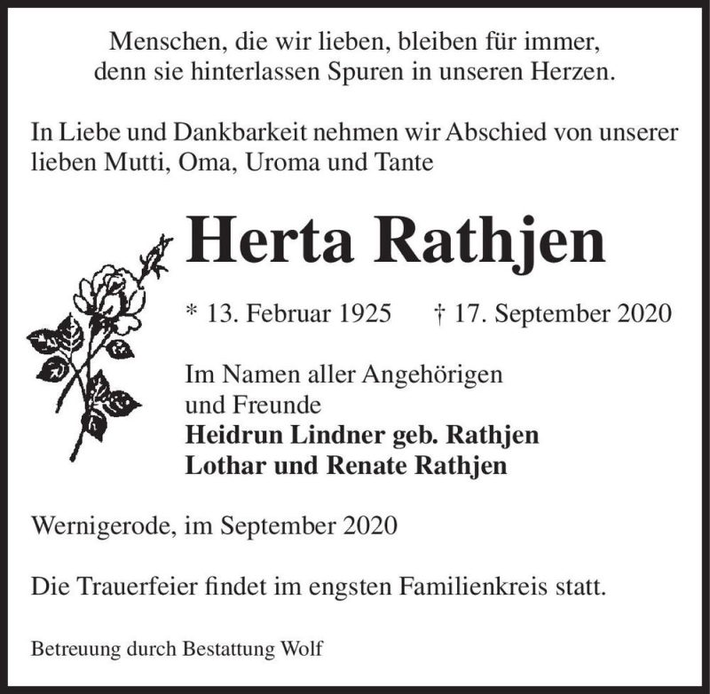  Traueranzeige für Herta Rathjen  vom 23.09.2020 aus Magdeburger Volksstimme